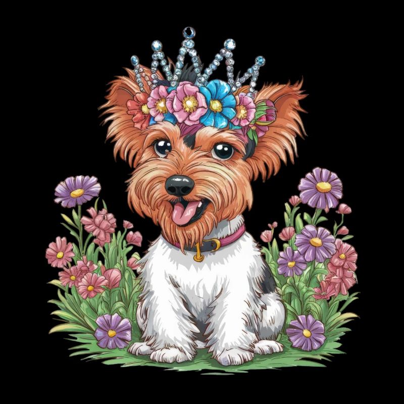 Terrier de dessin animé mignon avec des fleurs colorées