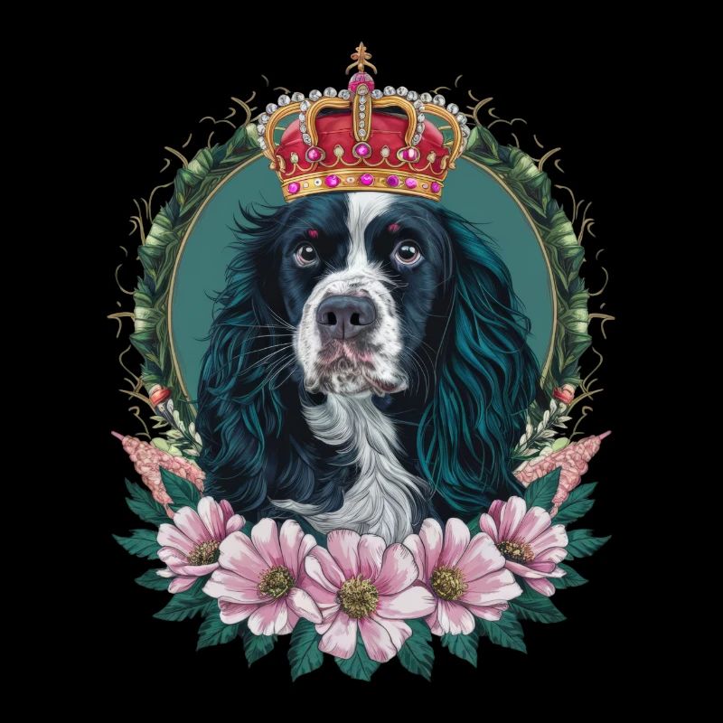 Cocker Spaniel mit Blumen und Krone