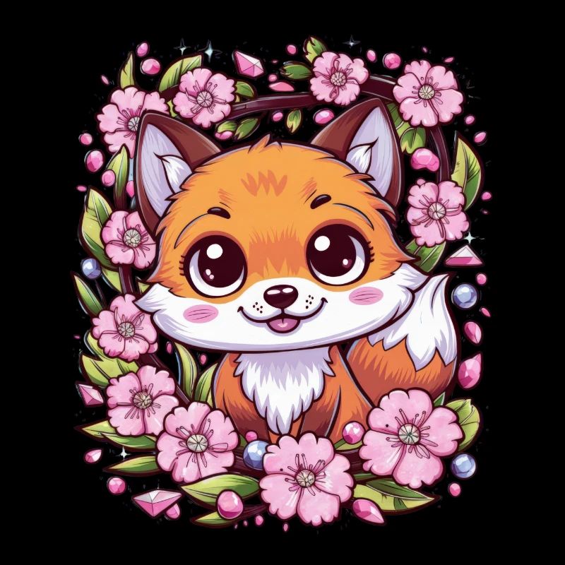Kawaii Fox with Sakura Cherry Blossoms