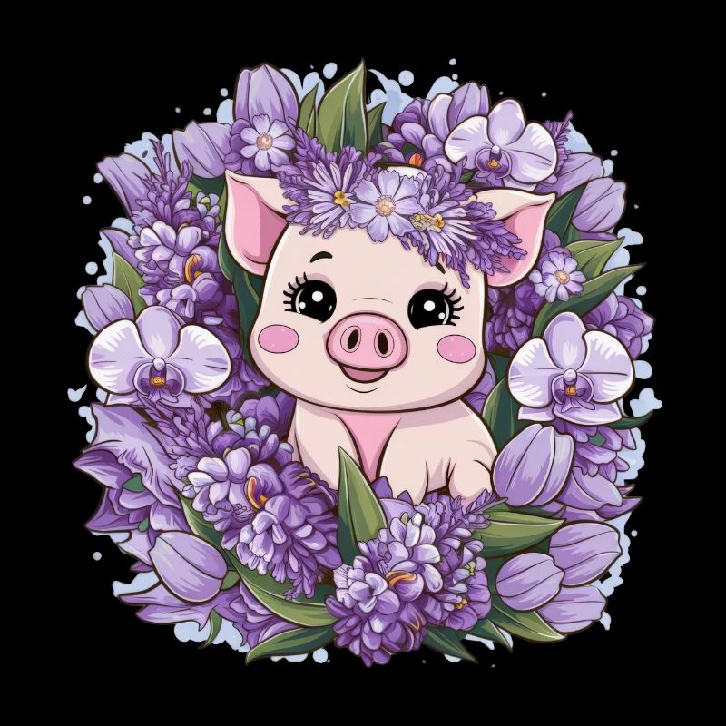 Cochon de style kawaii de dessin animé avec des orchidées