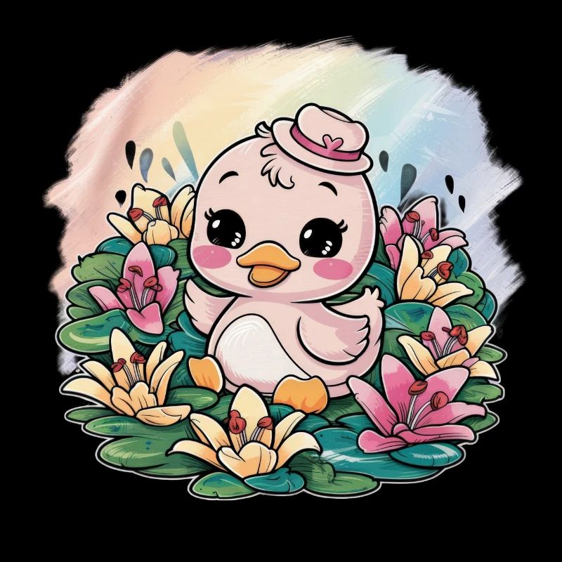 Kawaii Entchen mit farbenfrohen Lillien