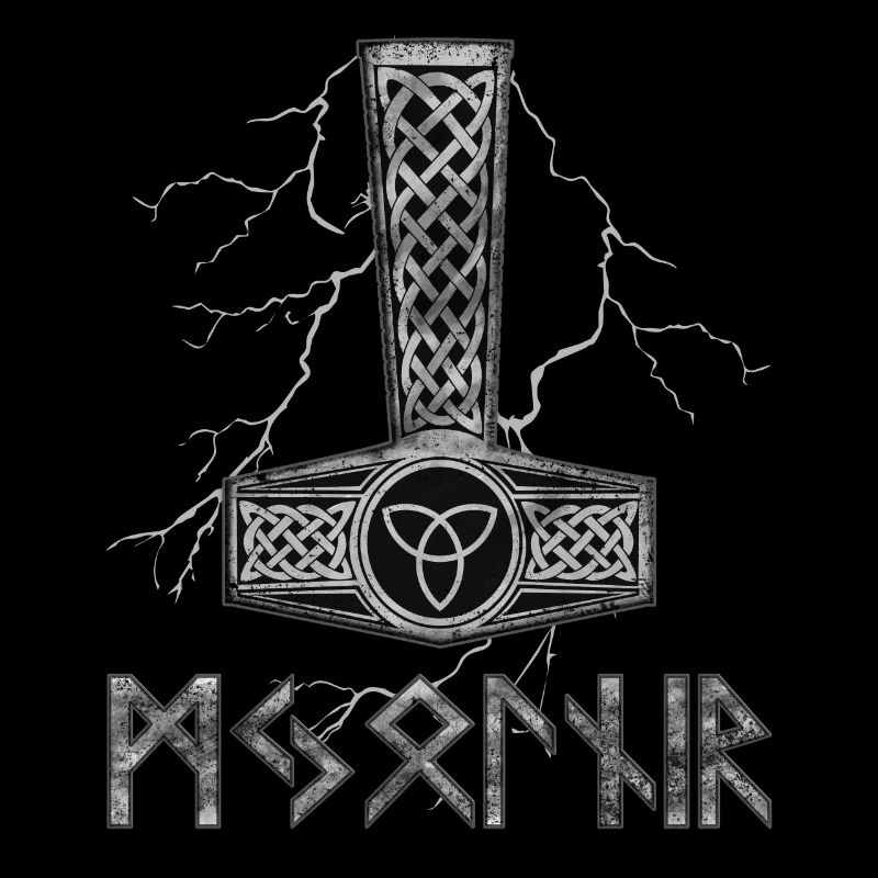 Thors Hammer Mjolnir mit Drachen Hintergrund.