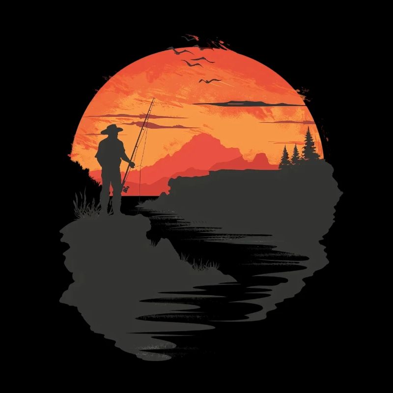 Silhouette de pêcheur au coucher du soleil