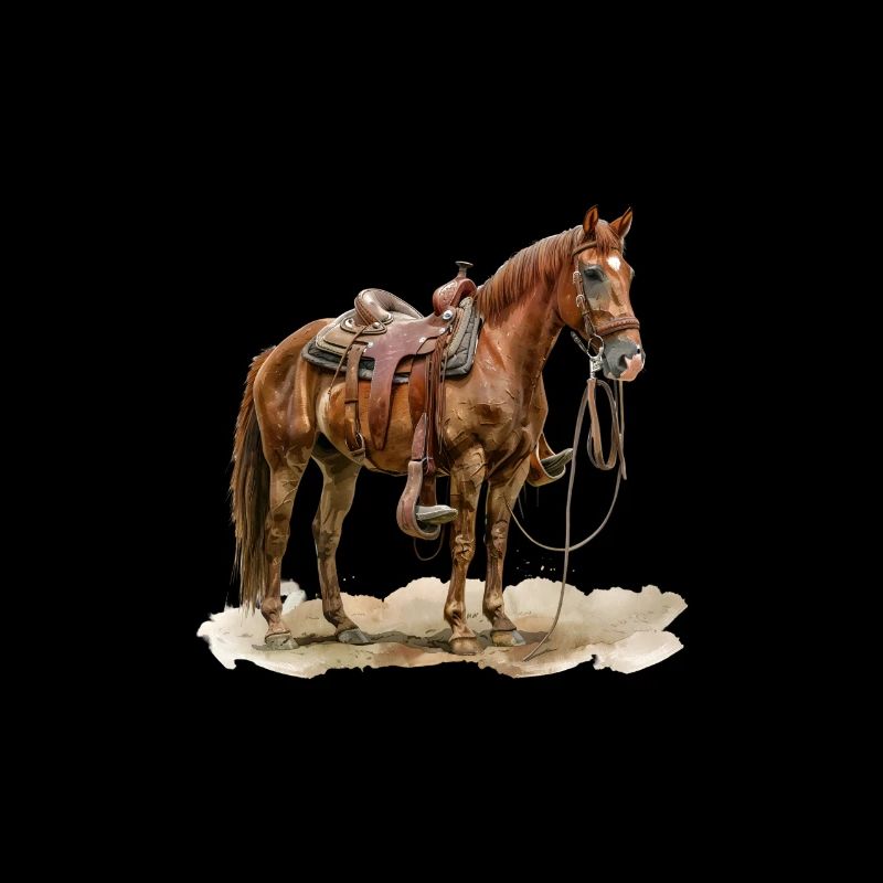 Brown horse with saddle outdoors