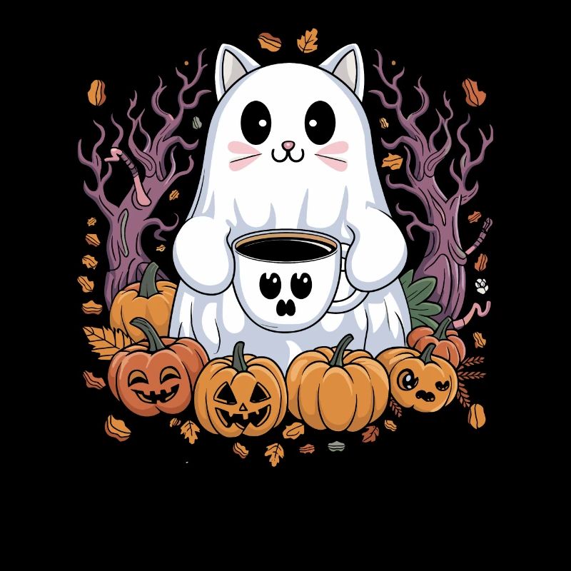 Cute Halloween cat with coffee and pumpkins