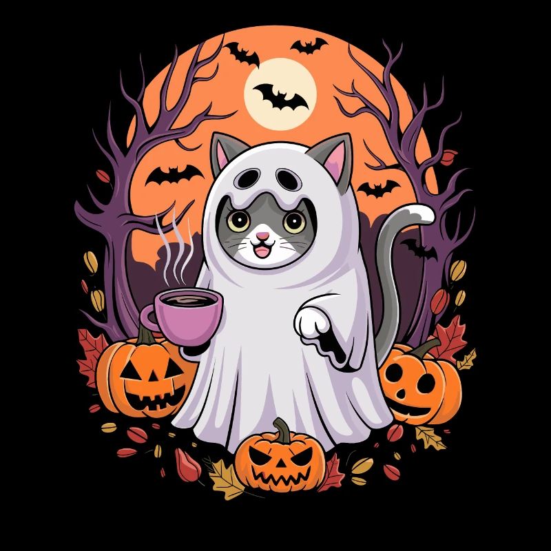 Halloween cat in ghost costume with pumpkins