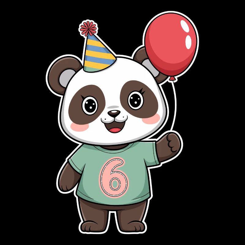 6th Birthday Panda with Balloon and Party Hat