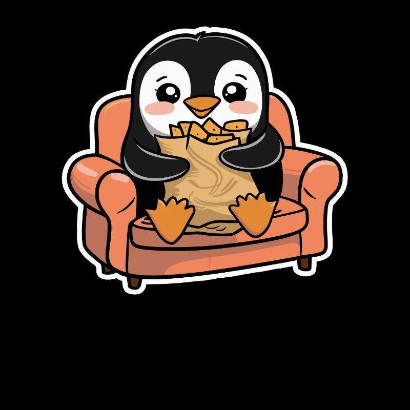 Penguin on the sofa with snacks