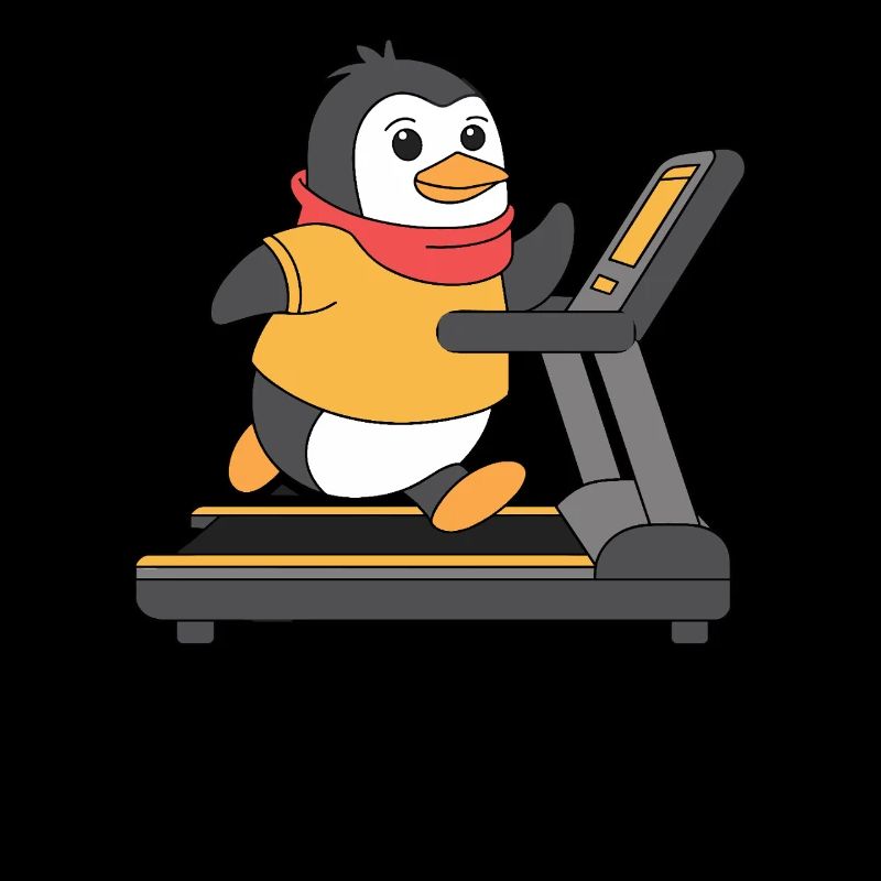 Funny penguin running on treadmill