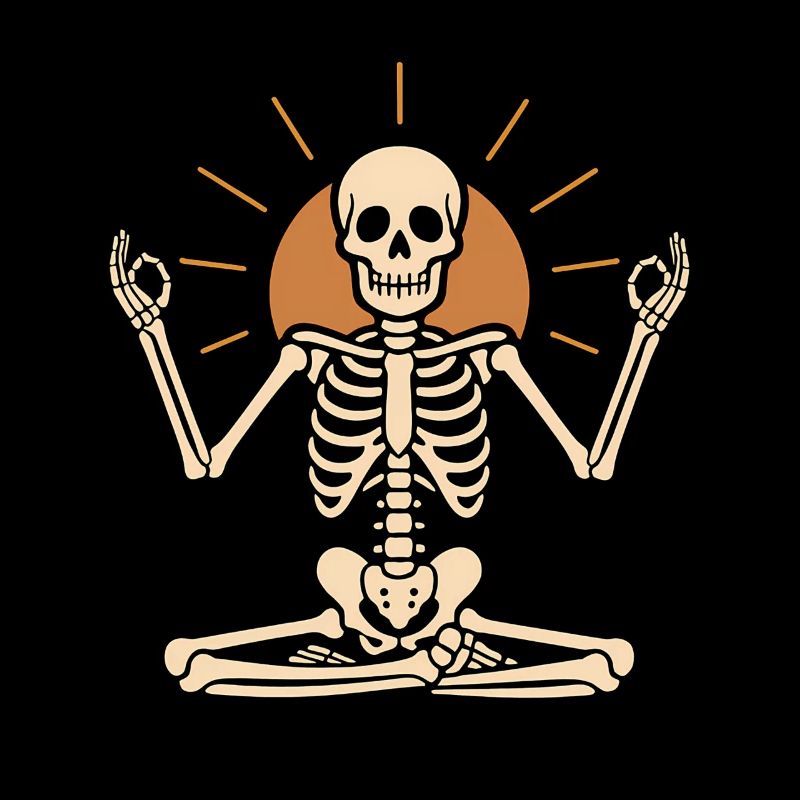 Meditating skeleton with sun circle