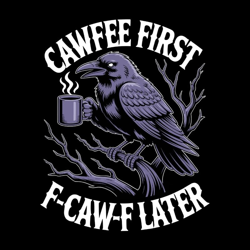 Le café d’abord : Corbeau avec tasse