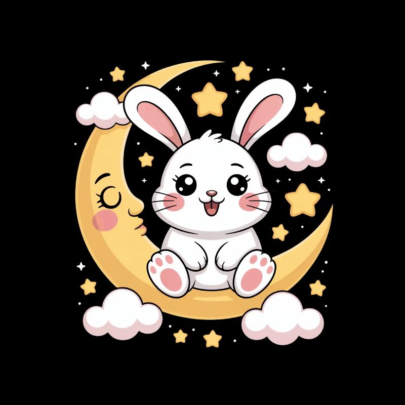 Cute bunny on crescent moon with stars