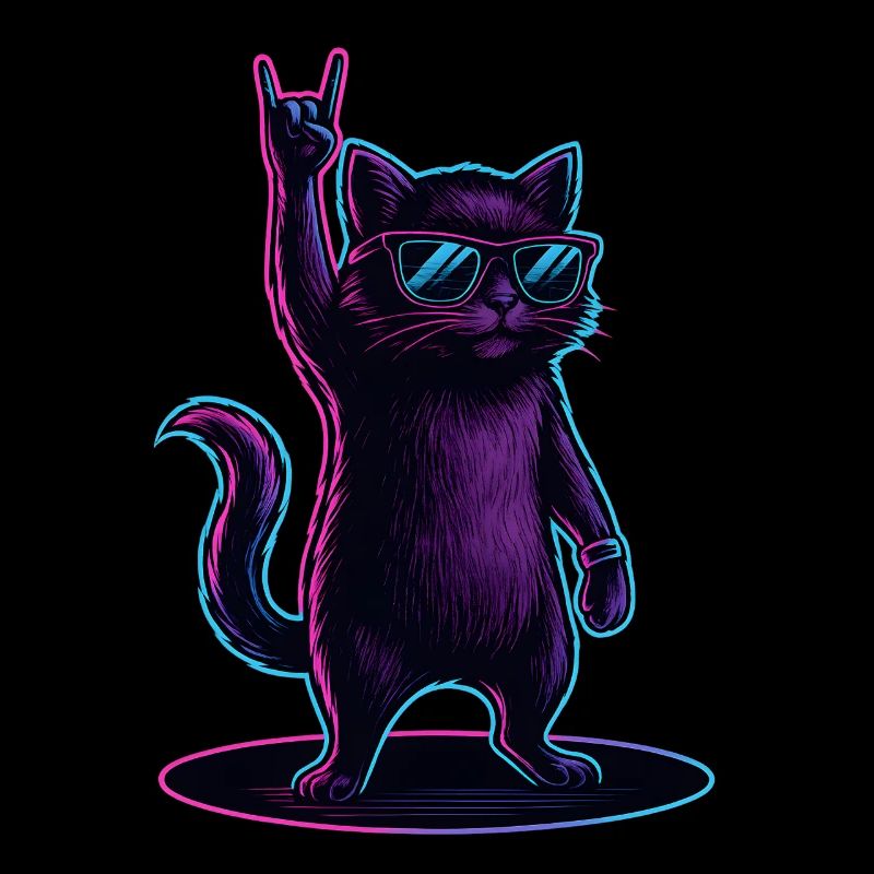 Synthwave Kater Katze mit Rockhand Pose