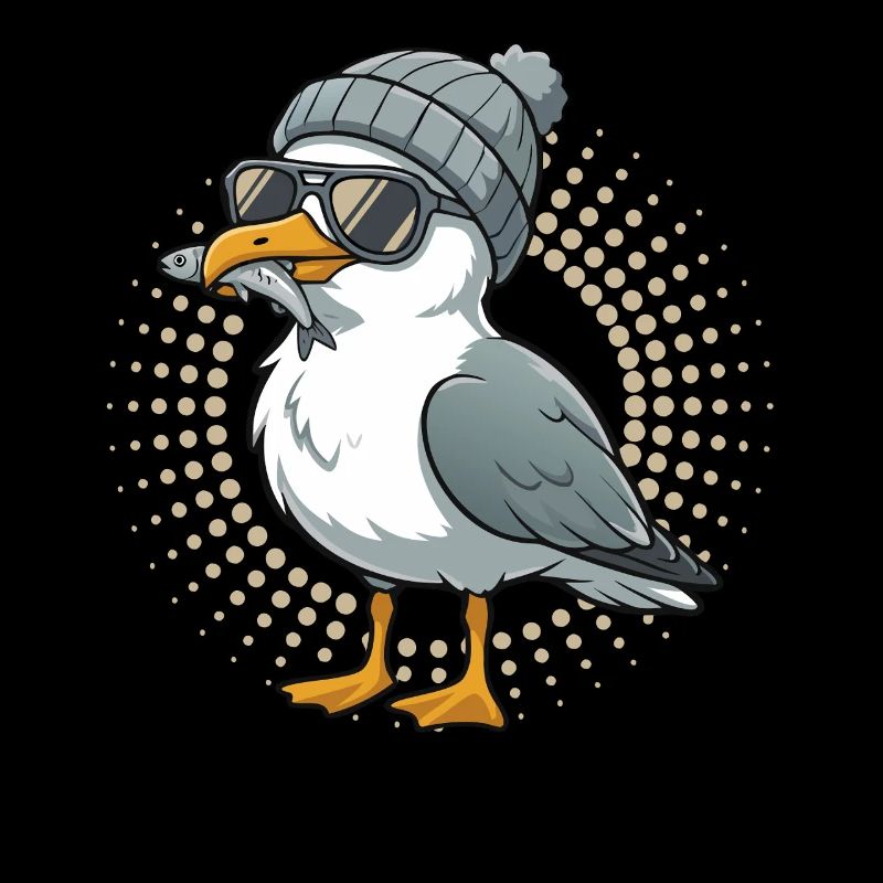 Mouette mouette de la lune avec casquette et poisson dans la bouche