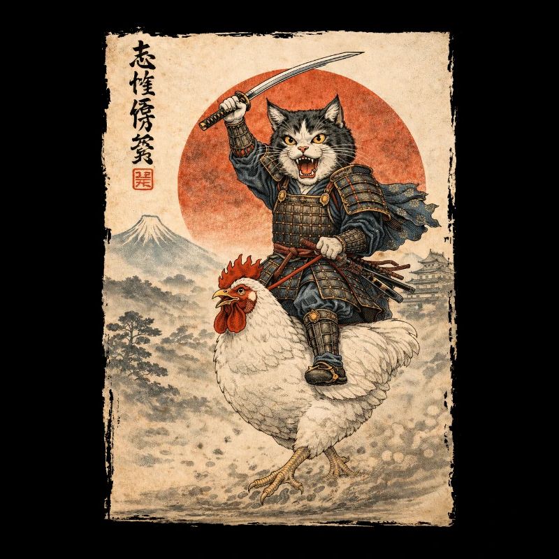 Samurai Cat Riding Chicken Japanese Ukiyoe