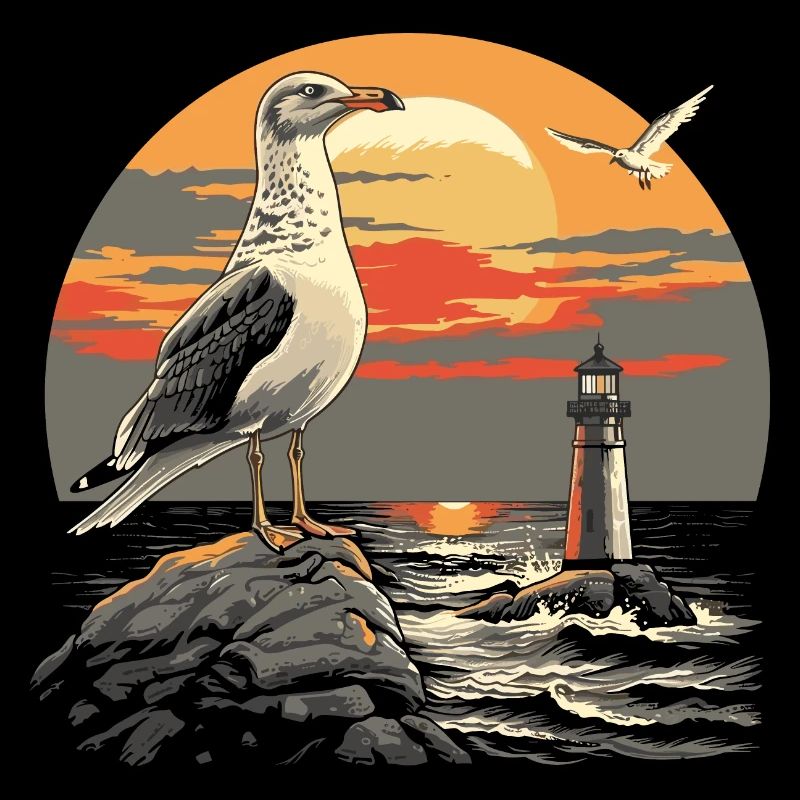 Seagull Seabird Lighthouse Sunset