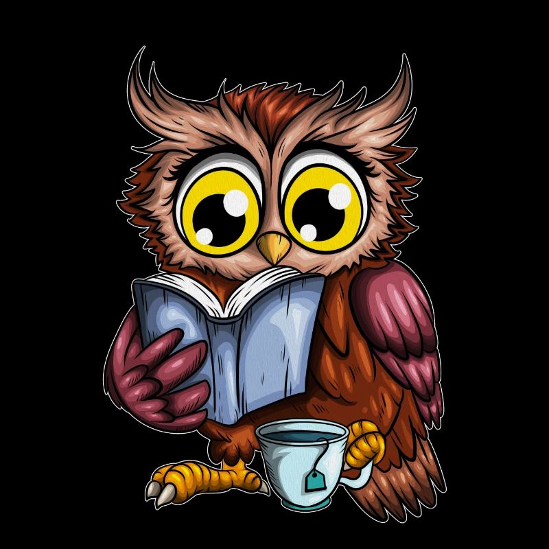 Eule mit heißem Tee Gemütlich ein Buch lesen