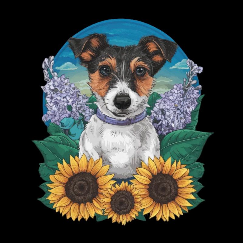 Mignon Jack Russel Terrier avec des tournesols