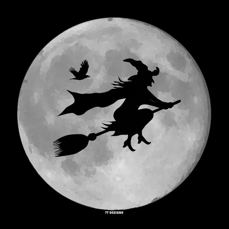 Hexe mit Rabe vor Vollmond