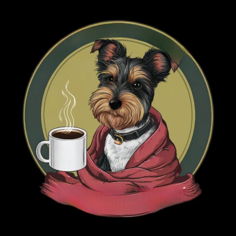 Dandie Dinmont Terrier avec couverture et tasse à café