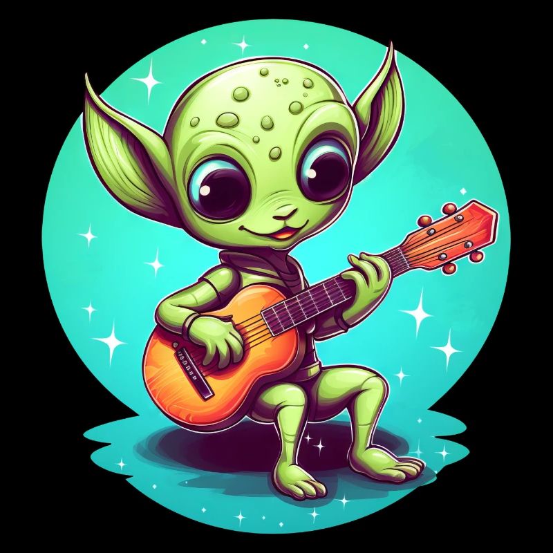 Cute alien playing guitar in sunset