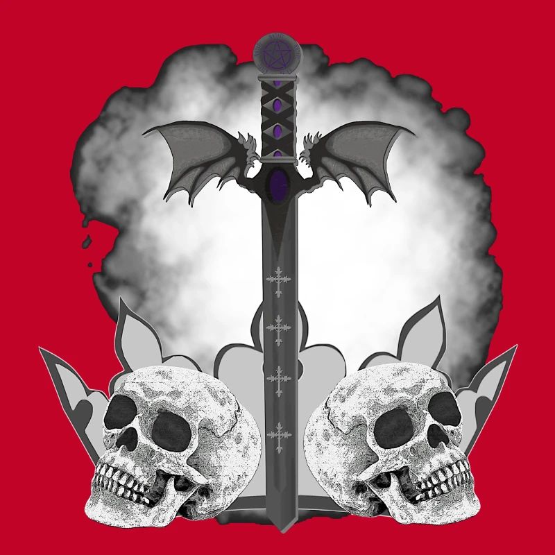 Menschenschädel, Schwerter, Dämonenflügel, vanitas