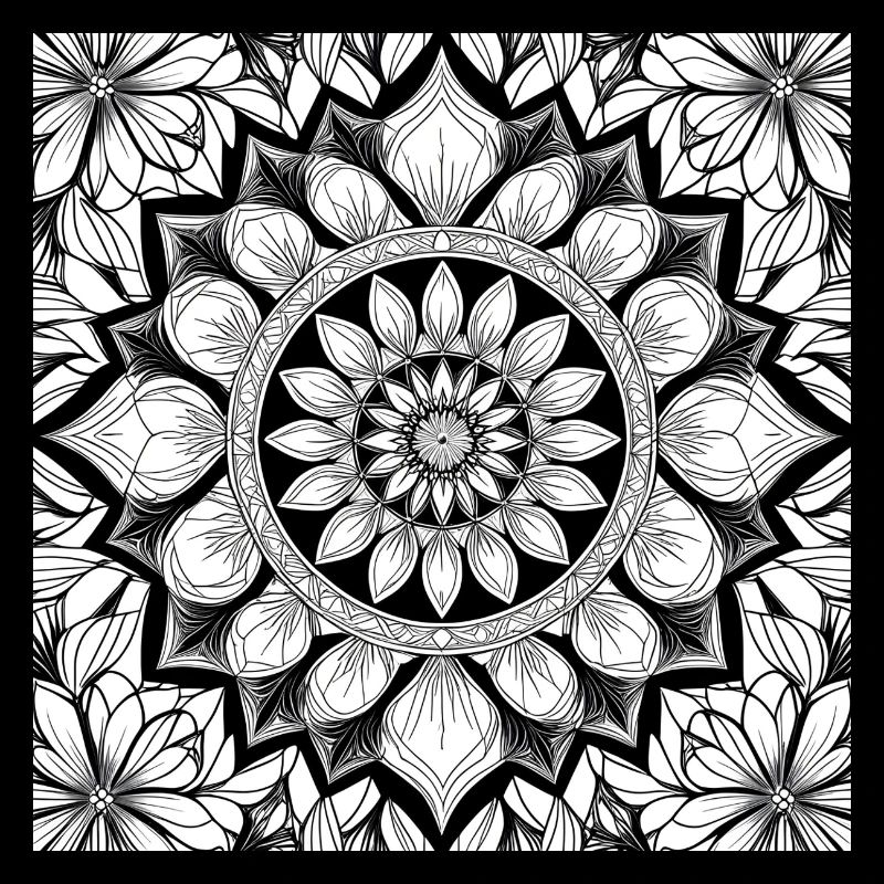 Floral Pattern Mandala Black White