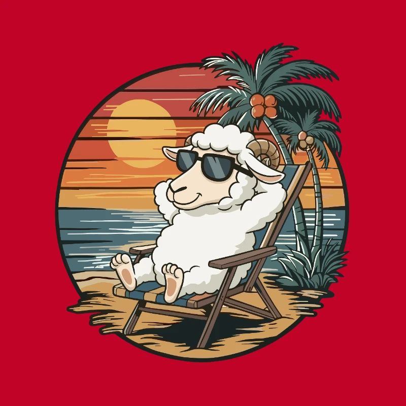 Funny Sheep on Beach Summer Vacation Sunset