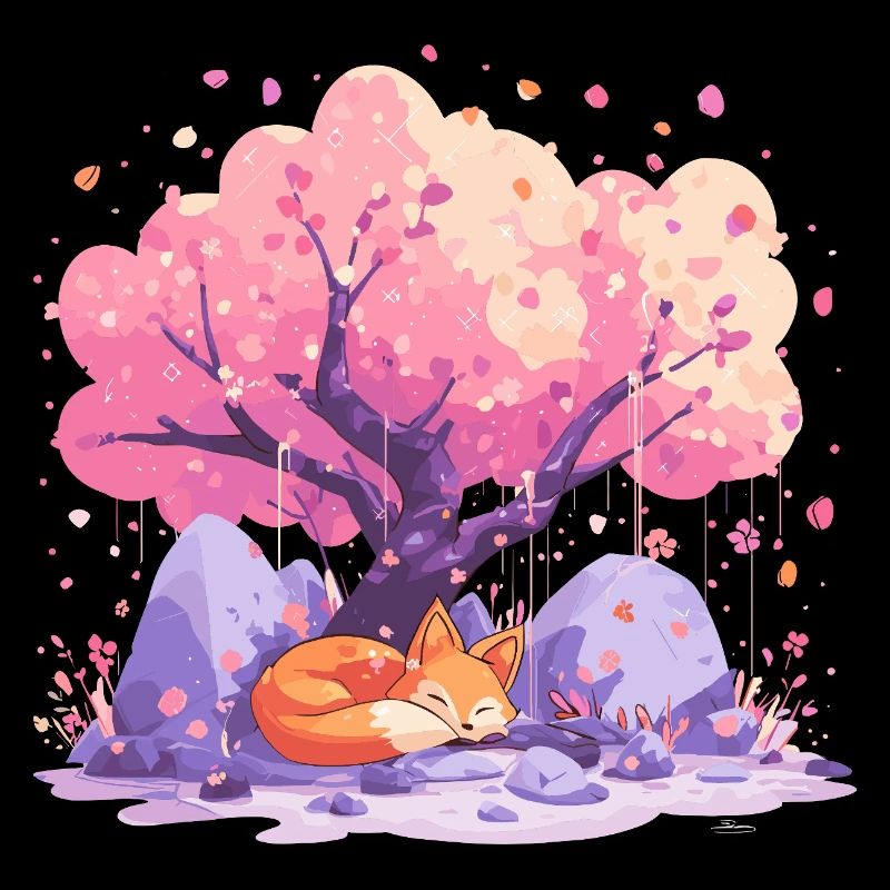 Sleeping fox under cherry tree