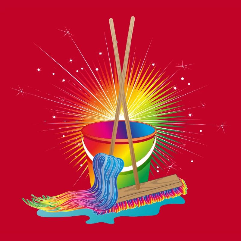 Wischmop,Besen und Eimer in Regenbogenfarben