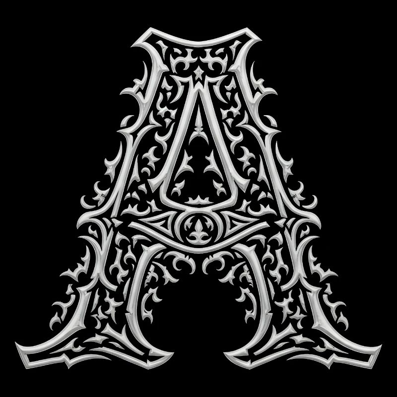 Lettre A ornée d'arabesques argentées