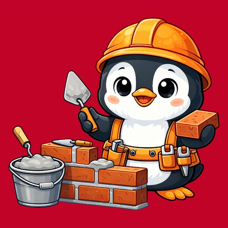Cute Penguin Mason Construction Worker Construction Site Handwer
