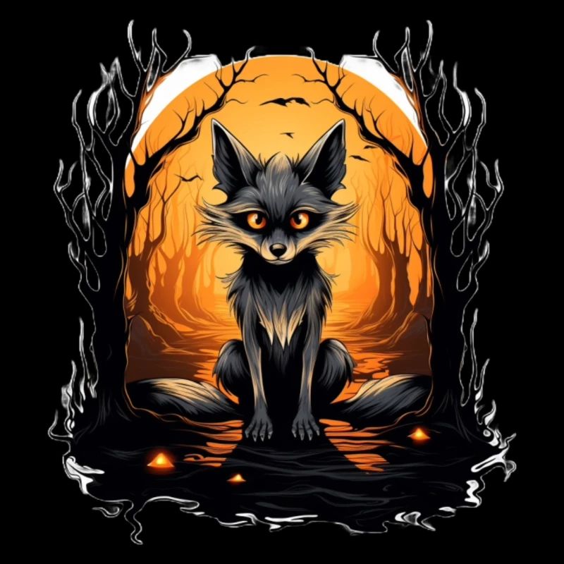 Mystical fox forest at sunset