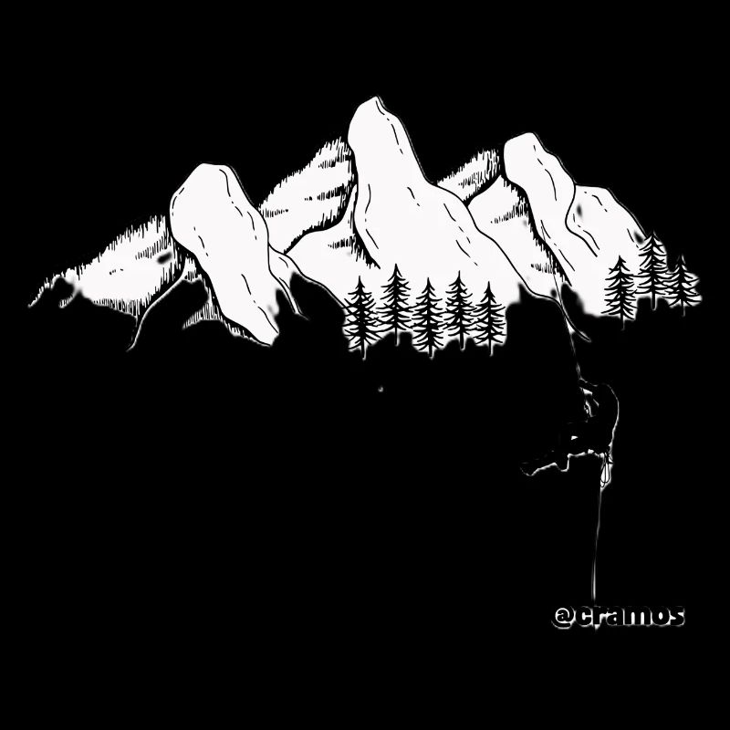Cimes enneigées et grimpeur noir