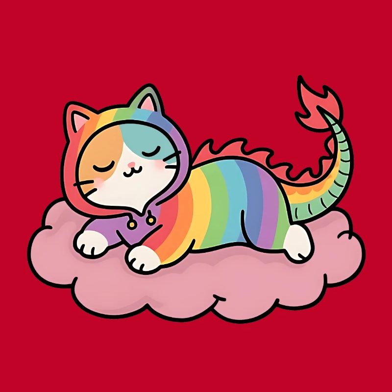 Relaxed rainbow dragon cat on cloud