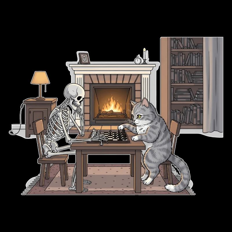 Salle de cheminée confortable avec échecs et chat