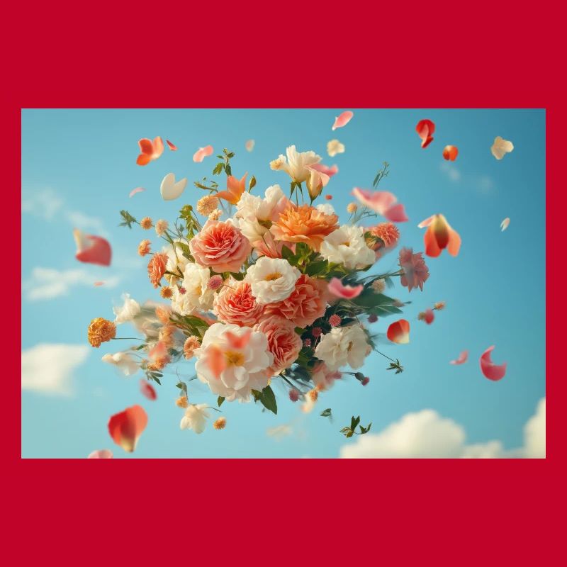 Panier de fleurs flottant dans le ciel nuageux