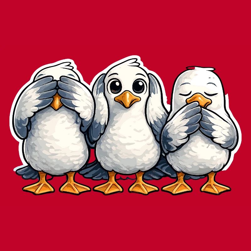 Three seagulls see nothing hear nothing say nothing