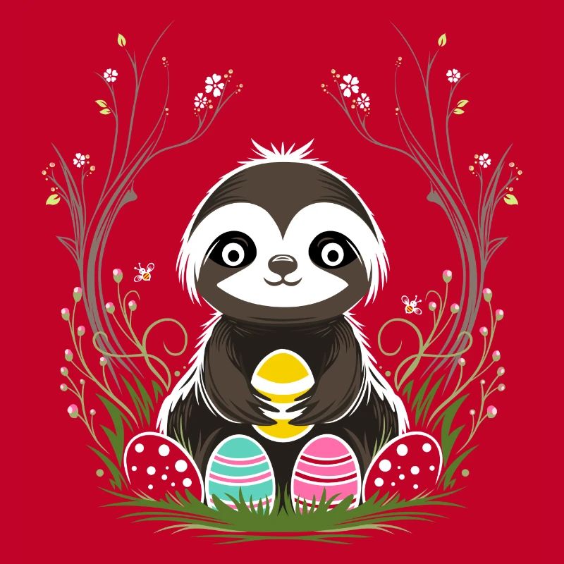 Easter Sloth with Easter Eggs in Spring