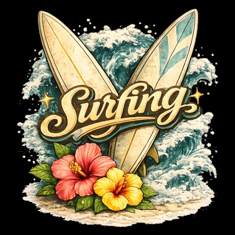 Surfer avec les vagues et les fleurs d’hibiscus