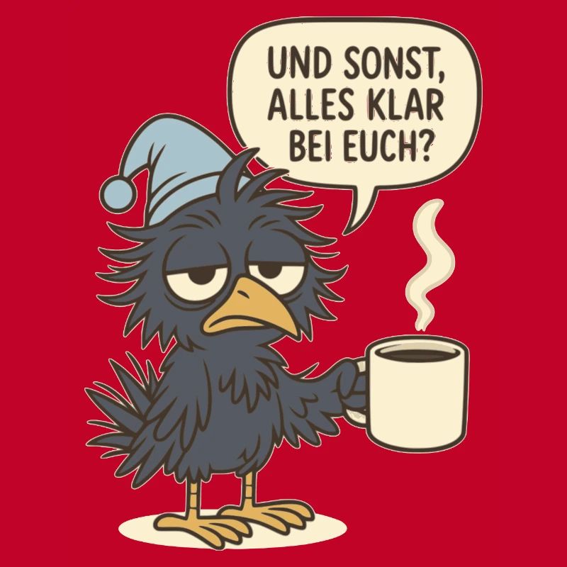 Grumpy corvid with coffee cup