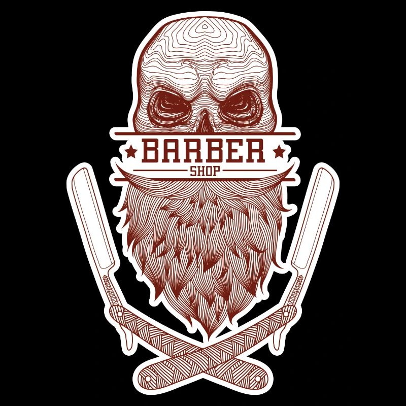 A skull with a beard, framed by razor blades.