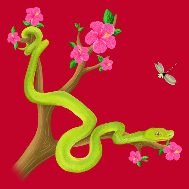 The Green Python snake on the tree with flowers
