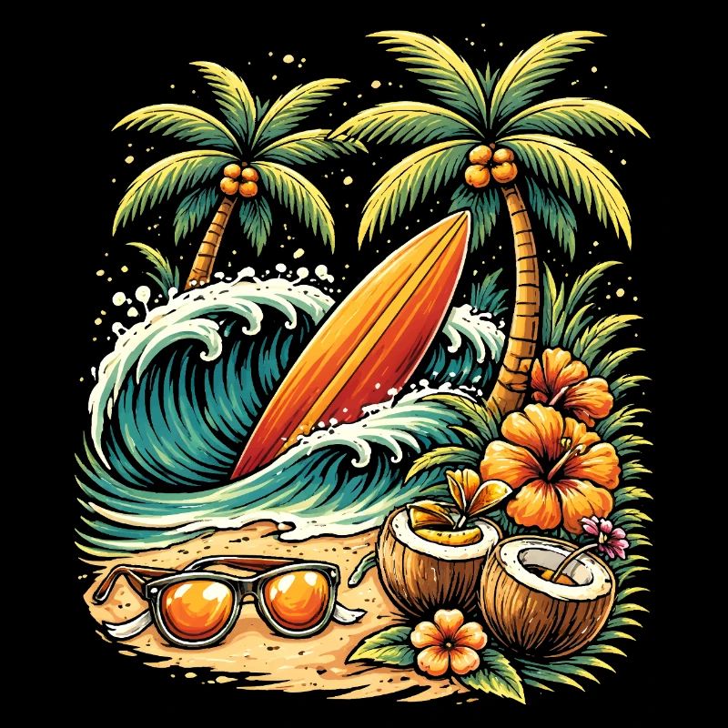 Surfboard on the beach illustration