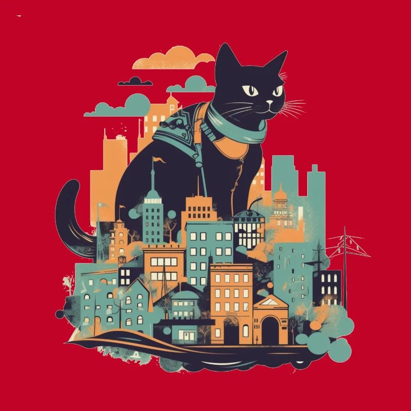 Chat noir assis devant une ville colorée