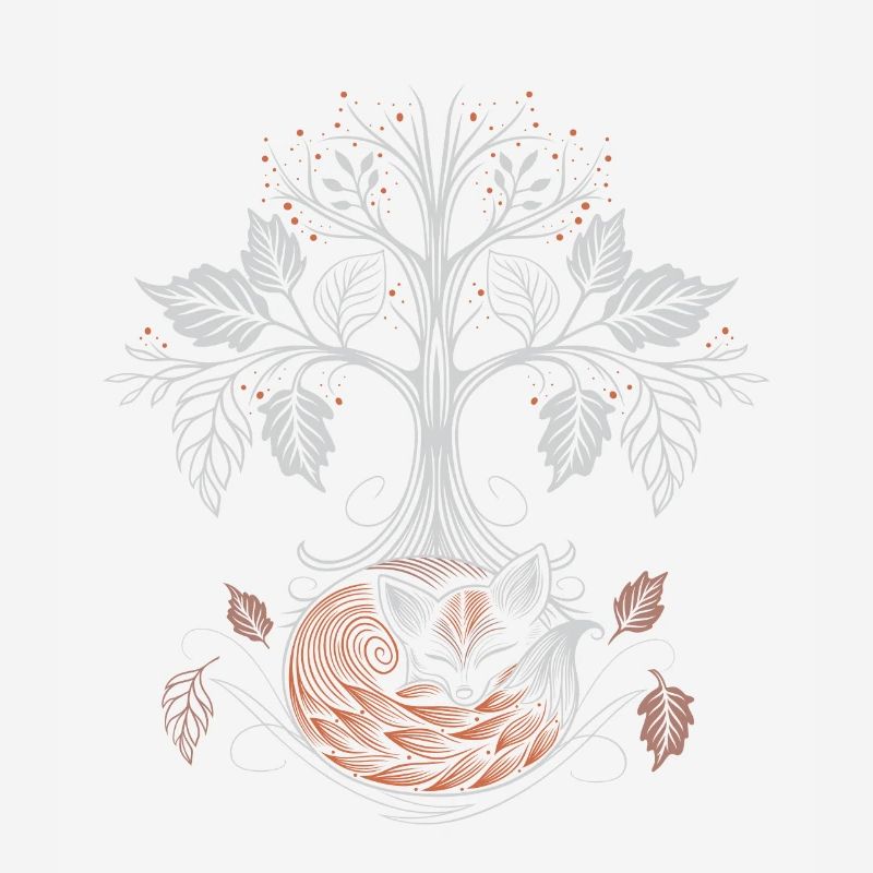 Sleeping Fox Under Tree of Life - Autumn Night