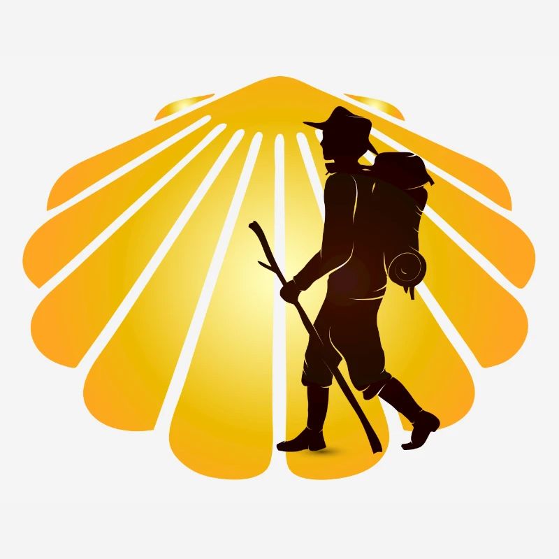 A pilgrim on a pilgrimage path with scallops