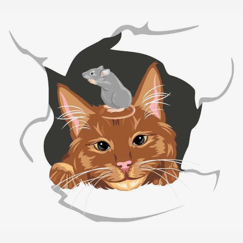 Cat and grey mouse peeks through a broken wall