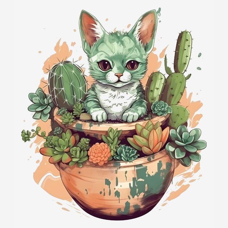 Chat en pot de téracotta avec cactus