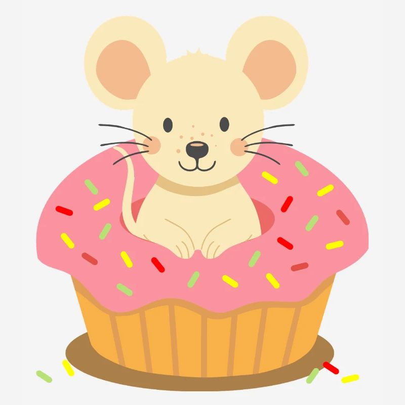 Mouse sitting in a pink cupcake with sprinkles